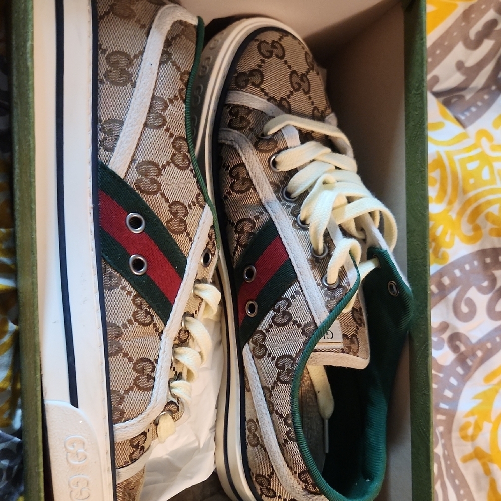 Gucci Beige Monogram Sneakers with Red and Green Accents